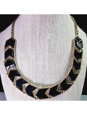 Black Faceted Chevron Single Strand Gold Tone Necklace